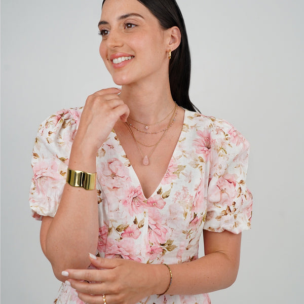 Vira Pink Tourmaline Large Tear Drop Necklace | Soreya Kalung Batu Pink Tourmaline Stainless Steel Warna Emas