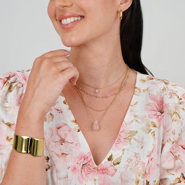 Vira Pink Tourmaline Large Tear Drop Necklace | Soreya Kalung Batu Pink Tourmaline Stainless Steel Warna Emas