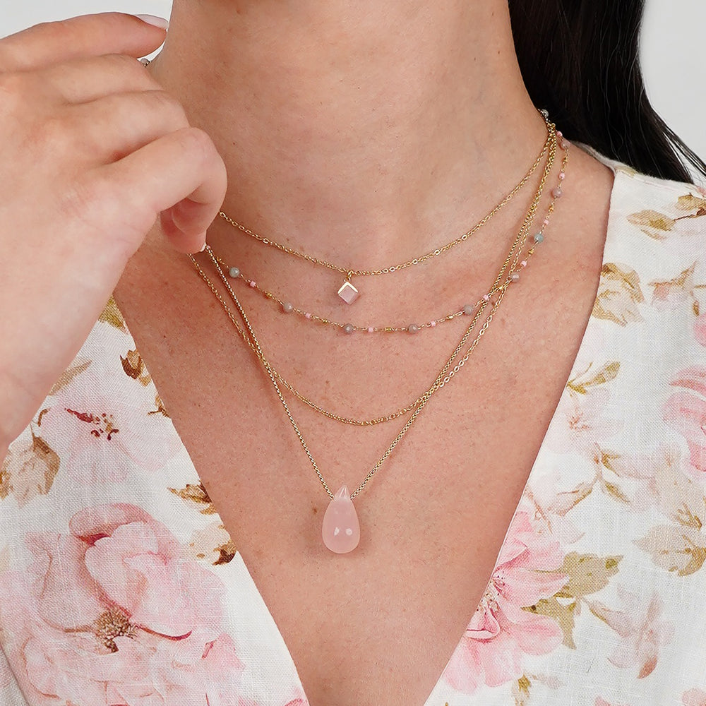 Vira Pink Tourmaline Large Tear Drop Necklace | Soreya Kalung Batu Pink Tourmaline Stainless Steel Warna Emas