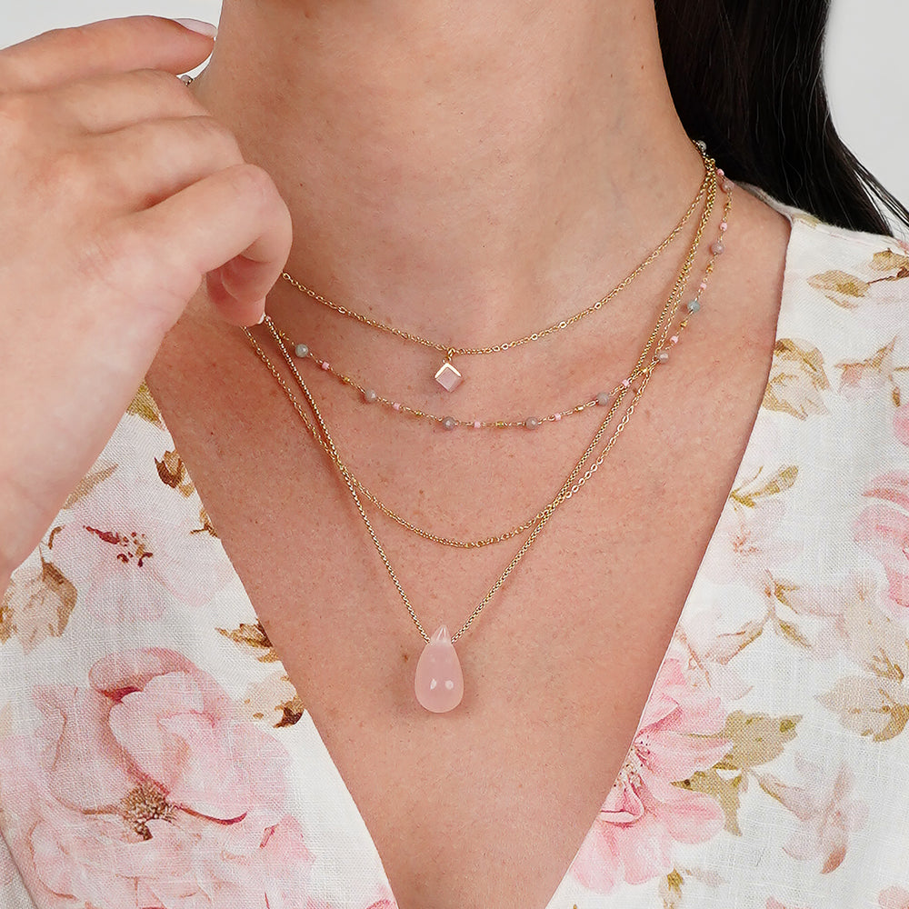 Cube Rose Quartz Small Pendant Necklace