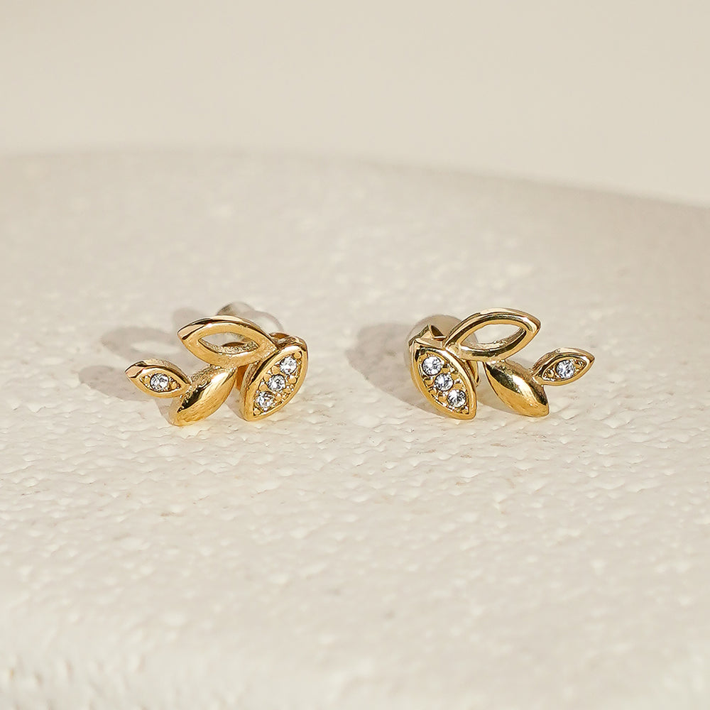 Leaf Earrings with White CZ - Gold