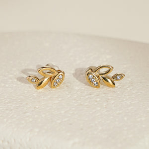 Leaf Earrings with White CZ - Gold