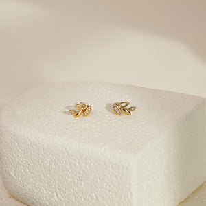 Leaf Earrings with White CZ - Gold
