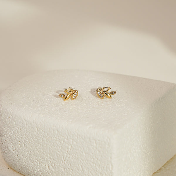 Leaf Earrings with White CZ - Gold