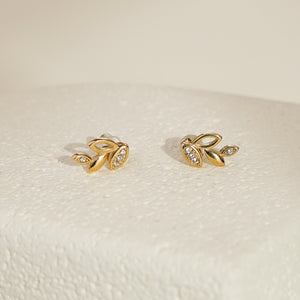 Leaf Earrings with White CZ - Gold
