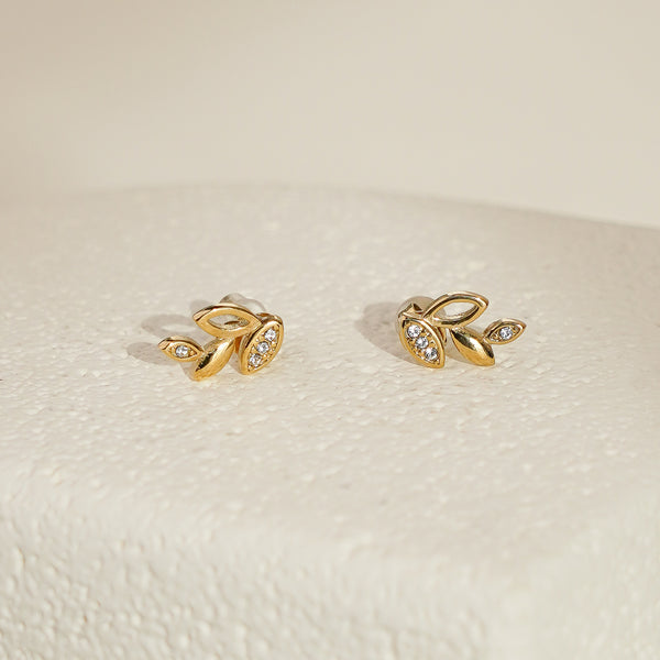 Leaf Earrings with White CZ - Gold
