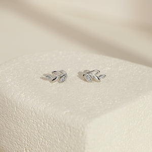 Leaf Earrings with White CZ - Silver