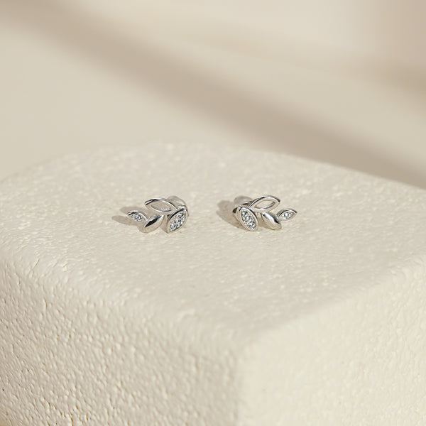 Leaf Earrings with White CZ - Silver