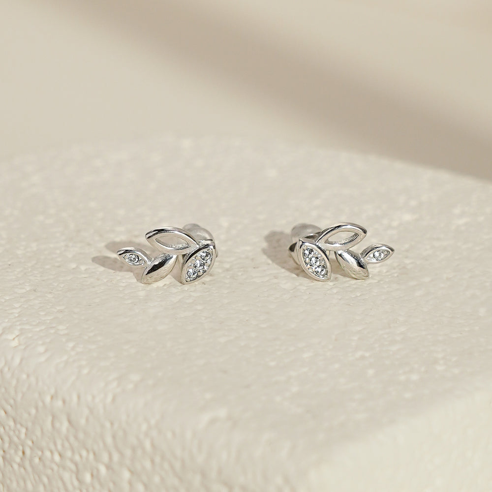 Leaf Earrings with White CZ - Silver