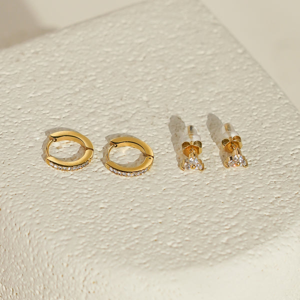Luxe White CZ Triangle Studs & Huggies Set – Gold