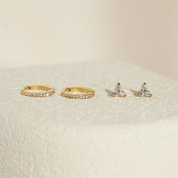 Luxe White CZ Triangle Studs & Huggies Set – Gold