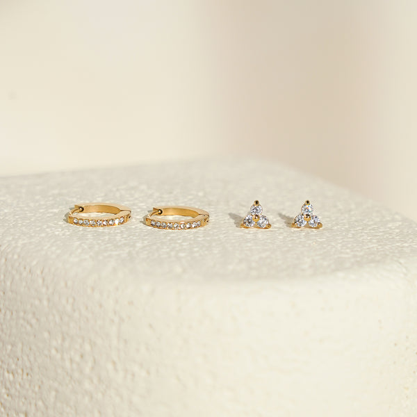Luxe White CZ Triangle Studs & Huggies Set – Gold