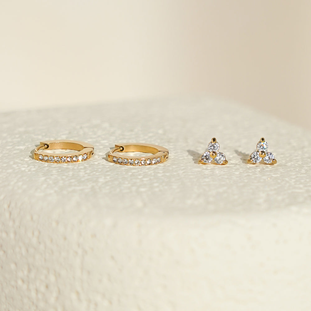 Luxe White CZ Triangle Studs & Huggies Set – Gold