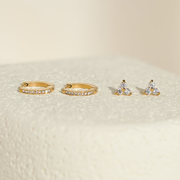 Luxe White CZ Triangle Studs & Huggies Set – Gold