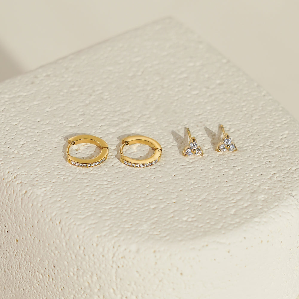Luxe White CZ Triangle Studs & Huggies Set – Gold