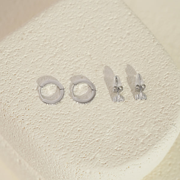 Luxe White CZ Triangle Studs & Huggies Set – Silver