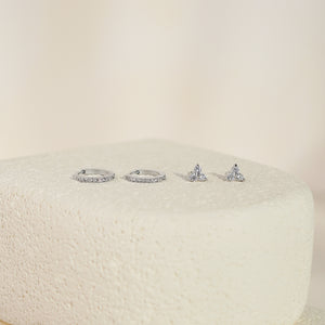 Luxe White CZ Triangle Studs & Huggies Set – Silver