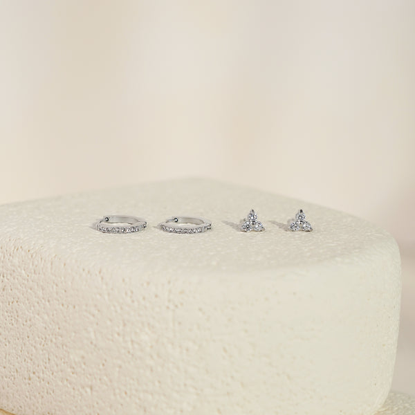 Luxe White CZ Triangle Studs & Huggies Set – Silver