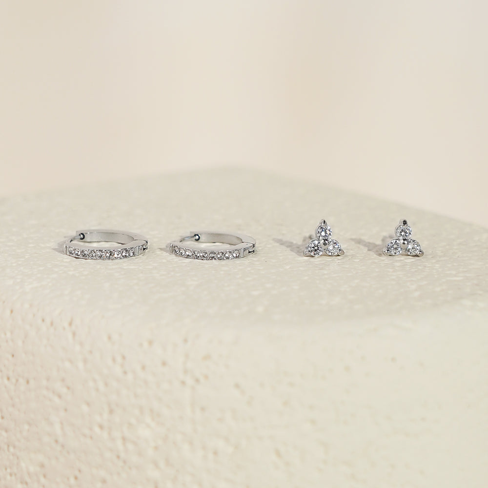 Luxe White CZ Triangle Studs & Huggies Set – Silver