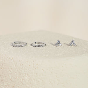 Luxe White CZ Triangle Studs & Huggies Set – Silver