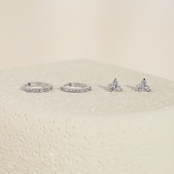 Luxe White CZ Triangle Studs & Huggies Set – Silver