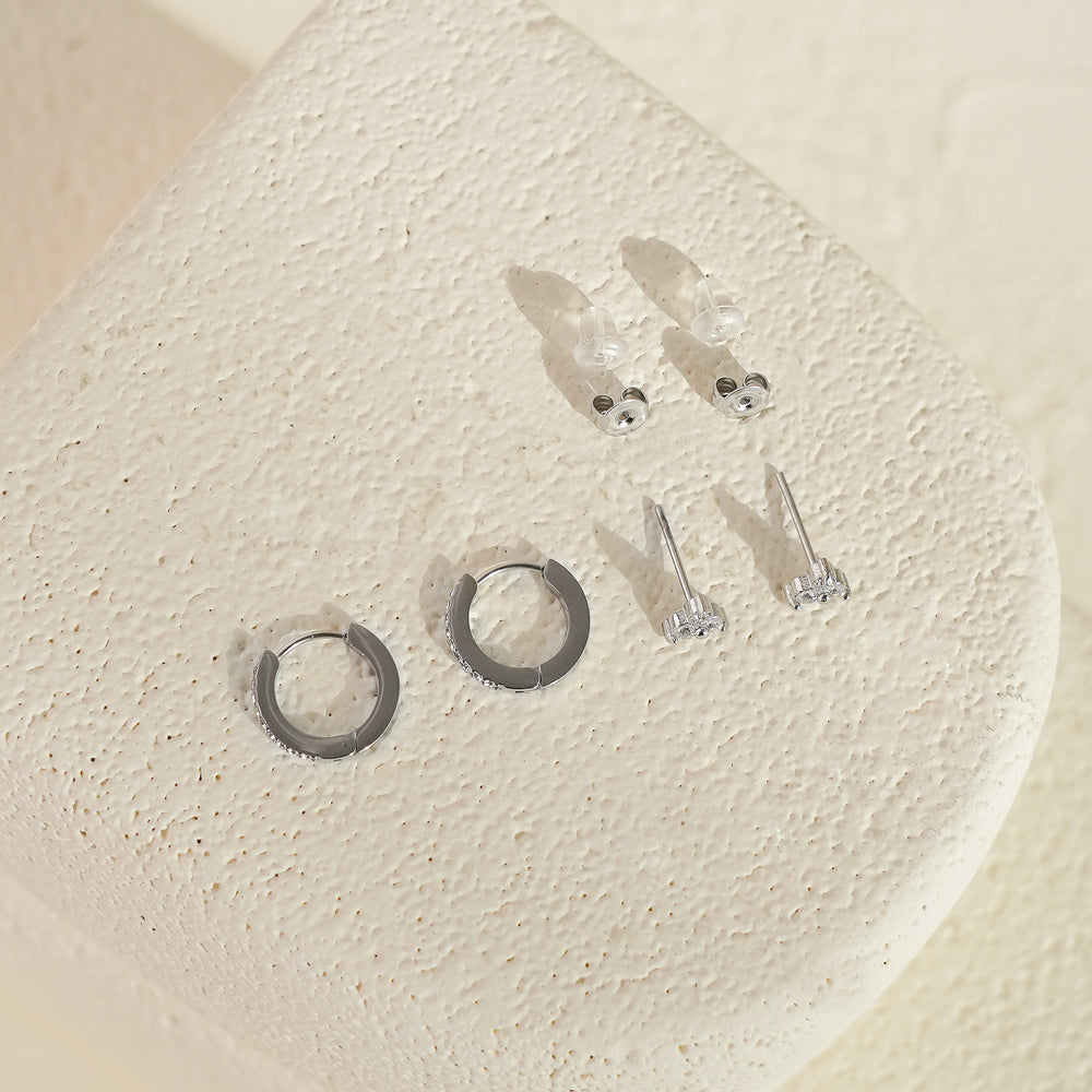 Luxe White CZ Triangle Studs & Huggies Set – Silver