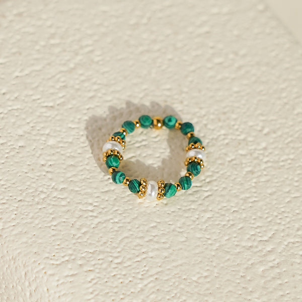 Malachite & Shell Pearls Elastic Ring