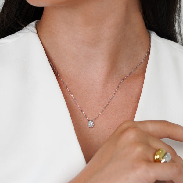 Nara Single Tear Drop Bezel Stainless Steel Silver Necklace