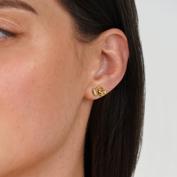 Leaf Earrings with White CZ - Gold