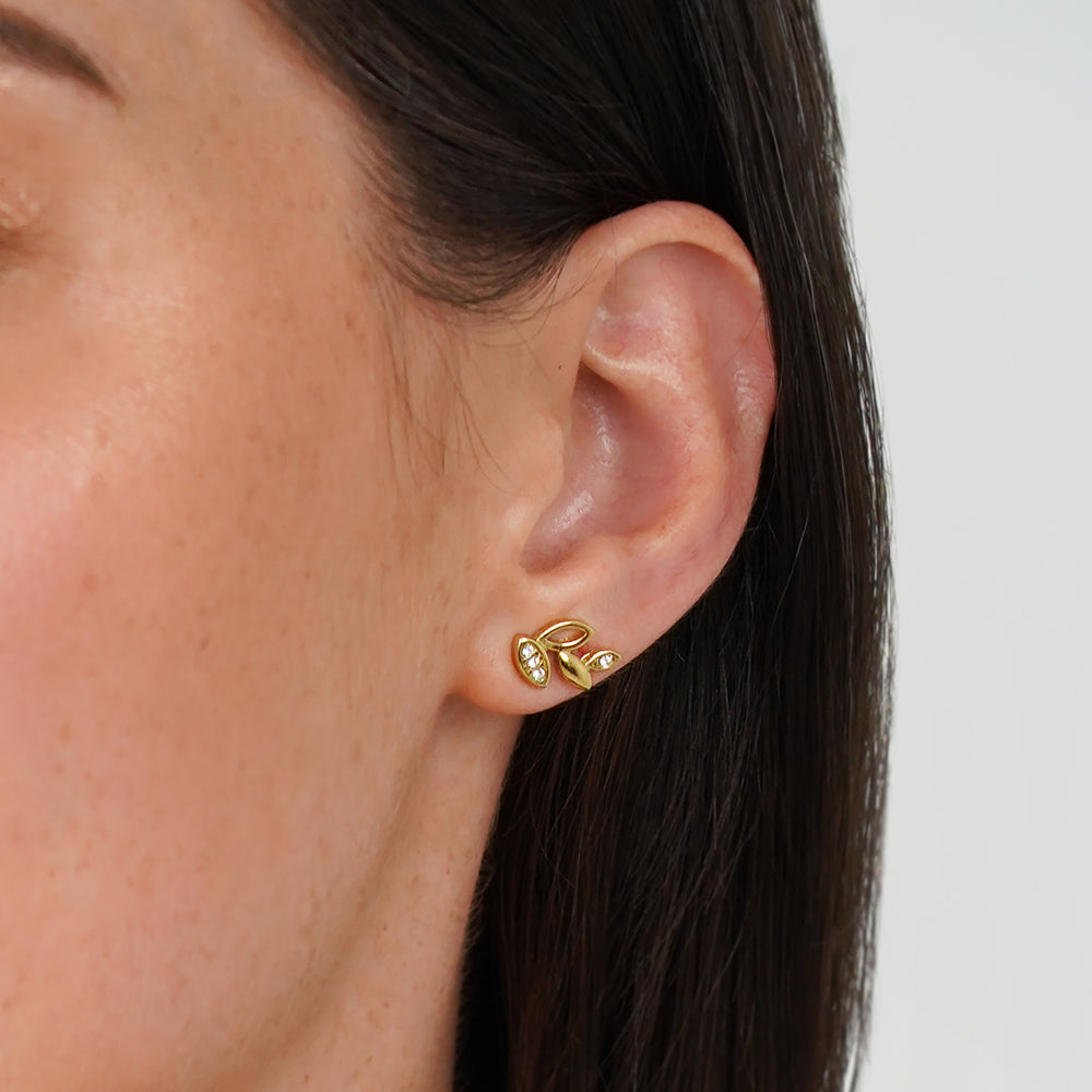Leaf Earrings with White CZ - Gold
