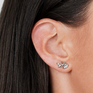 Leaf Earrings with White CZ - Silver