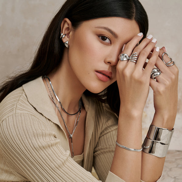 Rintik Double Chain Necklace with Solid Tear Drop - Silver