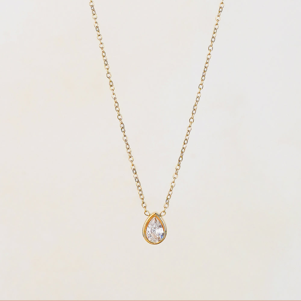 Nara Single Tear Drop Bezel Stainless Steel Gold Necklace