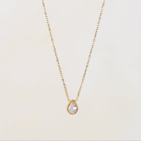 Nara Single Tear Drop Bezel Stainless Steel Gold Necklace