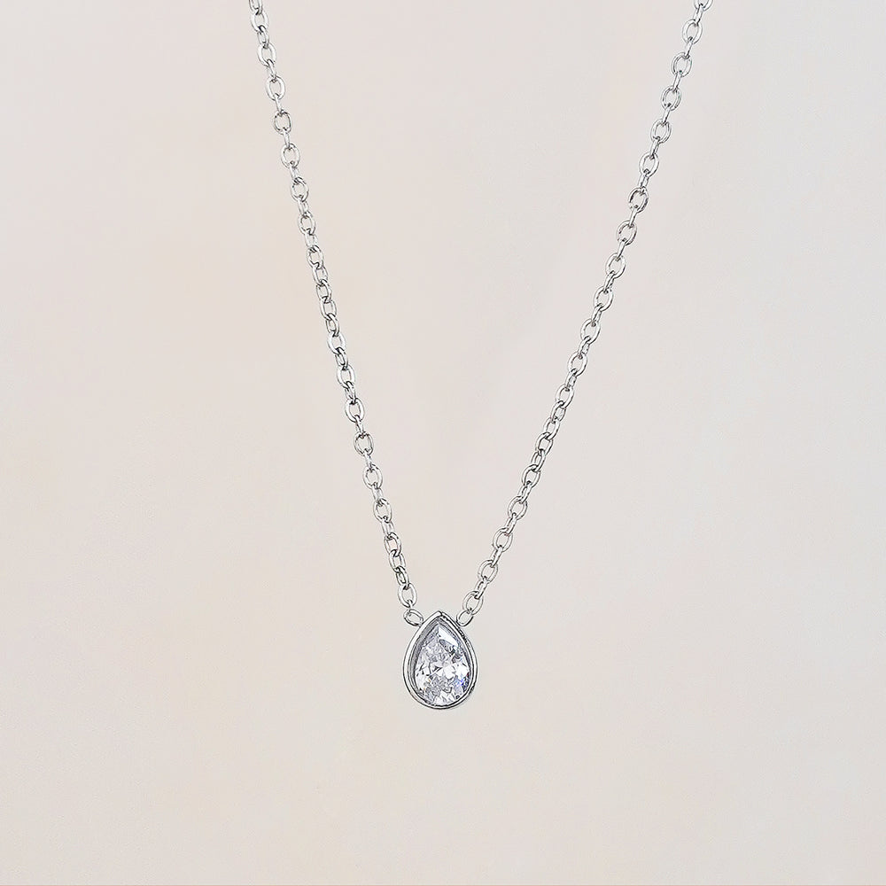 Nara Single Tear Drop Bezel Stainless Steel Silver Necklace