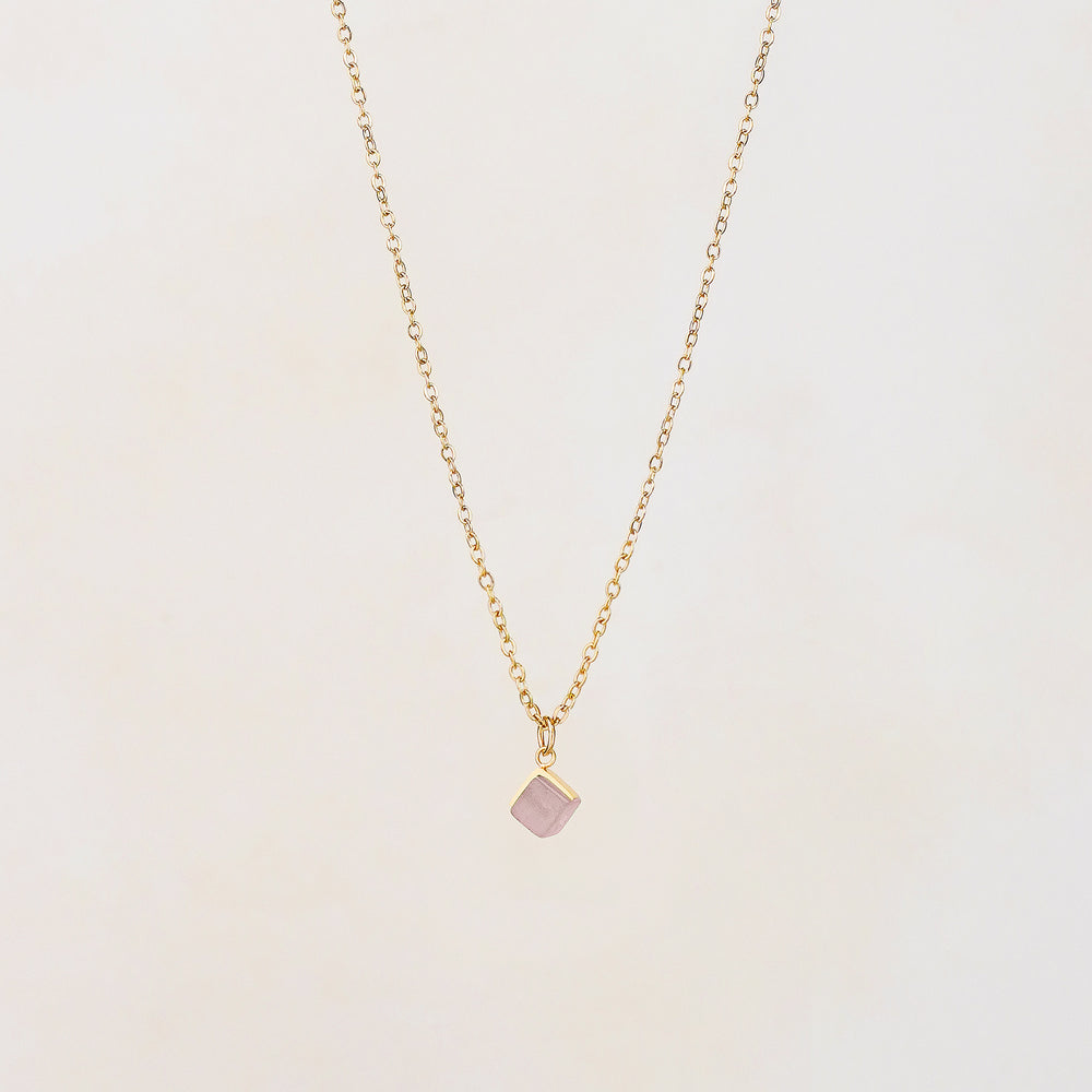 Cube Rose Quartz Small Pendant Necklace