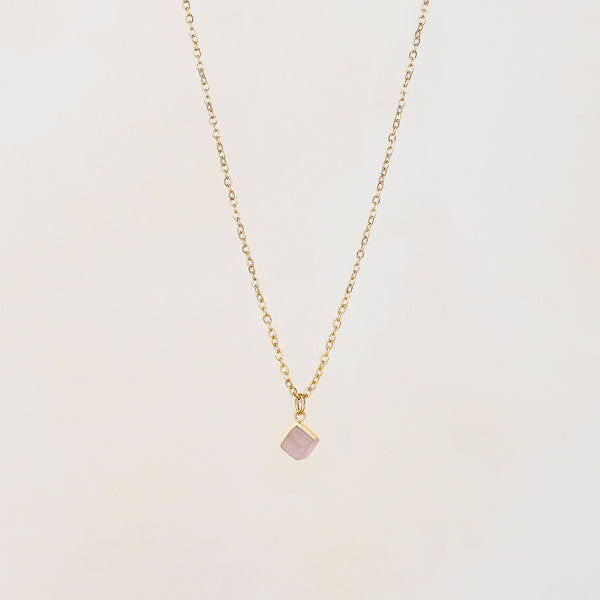 Cube Rose Quartz Small Pendant Necklace