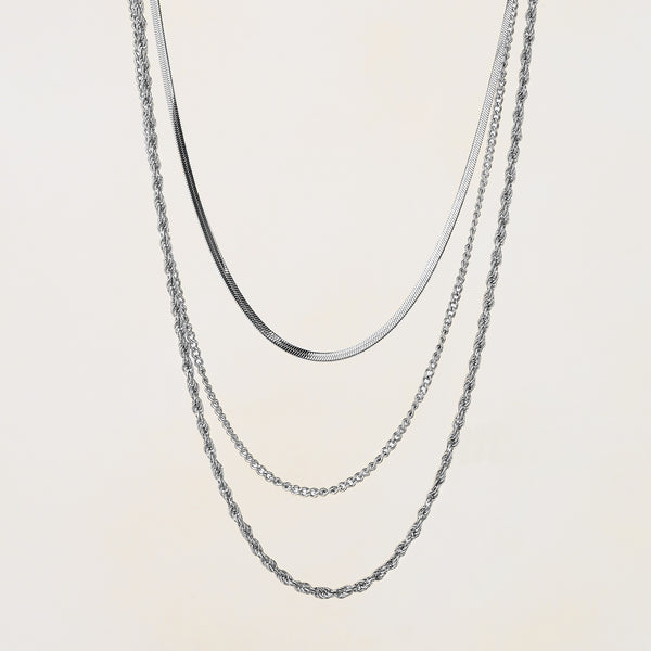 Gema Triple Textured Chain Necklace - Silver