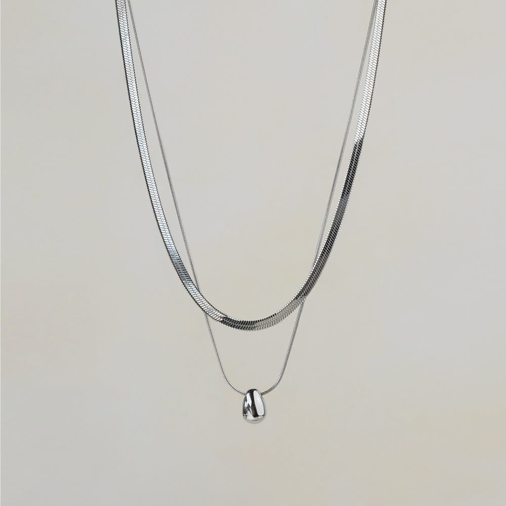 Rintik Double Chain Necklace with Solid Tear Drop - Silver