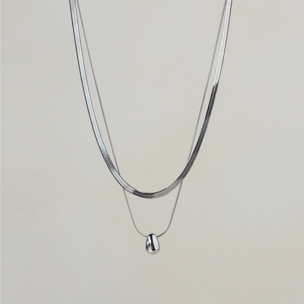Rintik Double Chain Necklace with Solid Tear Drop - Silver