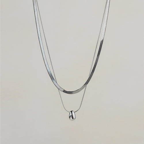 Rintik Double Chain Necklace with Solid Tear Drop - Silver